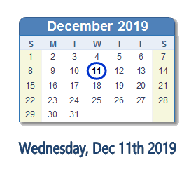 December 11, 2019 calendar