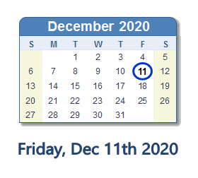 December 11, 2020 calendar