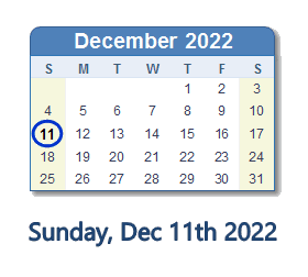 December 11, 2022 calendar