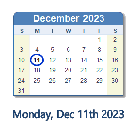 11 December 2023 calendar