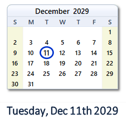December 11, 2029 calendar