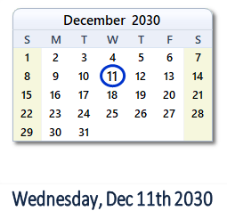 December 11, 2030 calendar