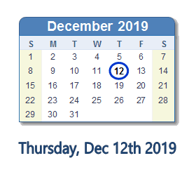 December 12, 2019 calendar