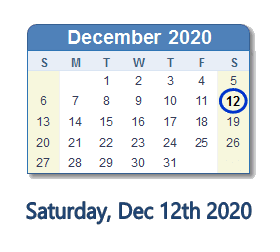 December 12, 2020 calendar