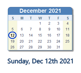 12 December 2021 calendar