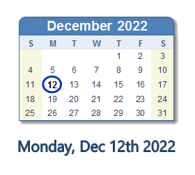 December 12, 2022 calendar