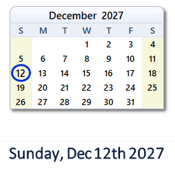 12 December 2027 calendar