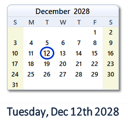 December 12, 2028 calendar