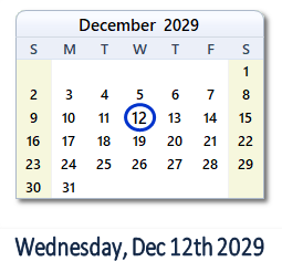 December 12, 2029 calendar