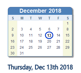 December 13, 2018 calendar