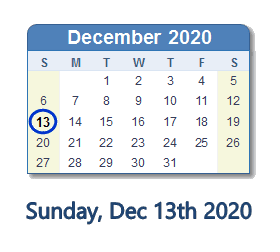 December 13, 2020 calendar