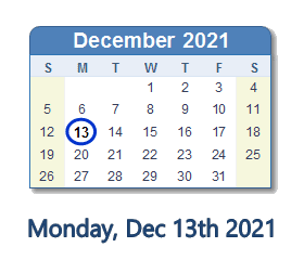 December 13, 2021 Calendar with Holidays & Count Down - USA December 13, 2021 Calendar with Holidays & Count Down - USA