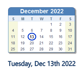 December 13, 2022 calendar
