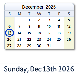 13 December 2026 calendar