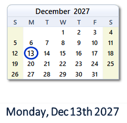 December 13, 2027 calendar