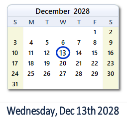 December 13, 2028 calendar