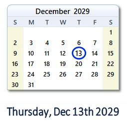 December 13, 2029 calendar