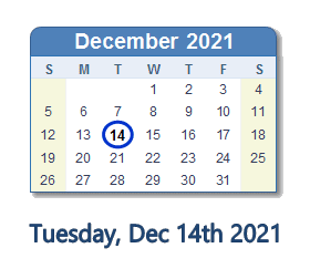 14 December 2021 calendar