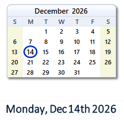 14 December 2026 calendar