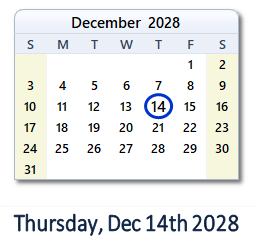 December 14, 2028 calendar