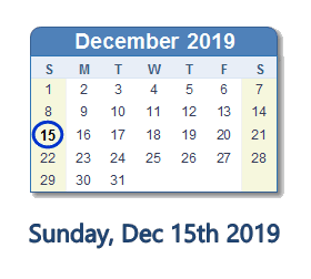December 15, 2019 calendar