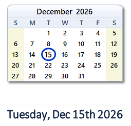 15 December 2026 calendar