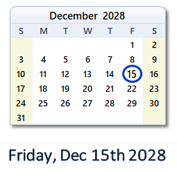 December 15, 2028 calendar