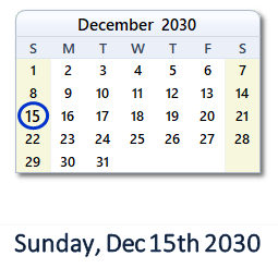 December 15, 2030 calendar