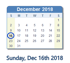 December 16, 2018 calendar