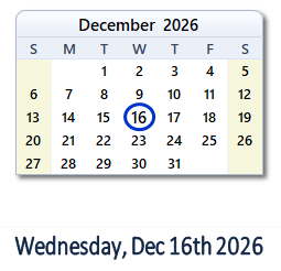 16 December 2026 calendar