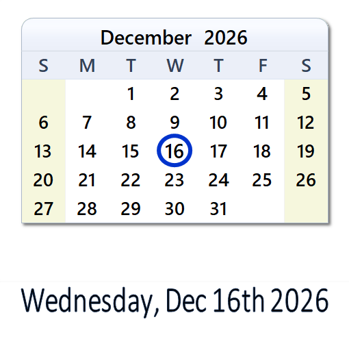 December 16, 2026 Calendar with Holidays & Count Down - USA