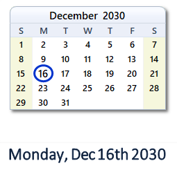 December 16, 2030 calendar