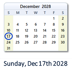 December 17, 2028 calendar