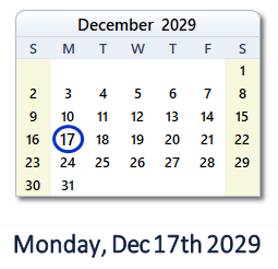 December 17, 2029 calendar