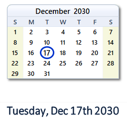 December 17, 2030 calendar