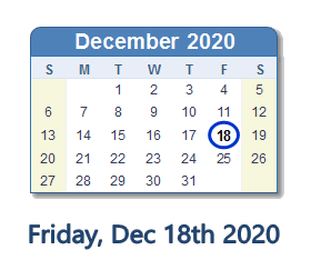 December 18, 2020 calendar