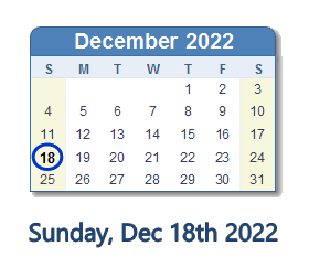 December 18, 2022 calendar