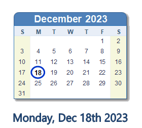 December 18, 2023 calendar
