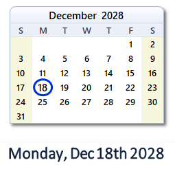 December 18, 2028 calendar