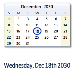 December 18, 2030 calendar