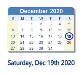 December 19, 2020 calendar