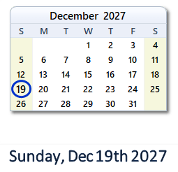 December 19, 2027 calendar
