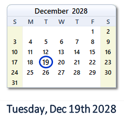 December 19, 2028 calendar