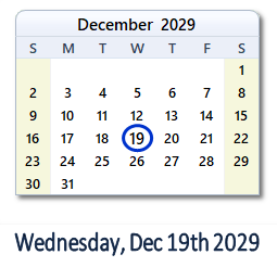 December 19, 2029 calendar