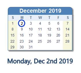 December 2, 2019 calendar