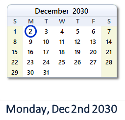 December 2, 2030 calendar