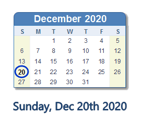 December 20, 2020 calendar