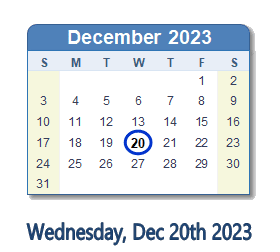 December 20, 2023 calendar