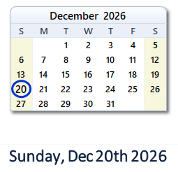 December 20, 2026 calendar