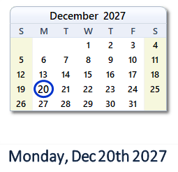 December 20, 2027 calendar